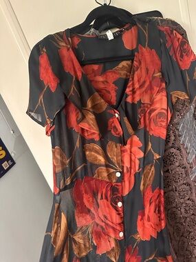 Christy Dawn Red Rose Print Silk Dress - Medium